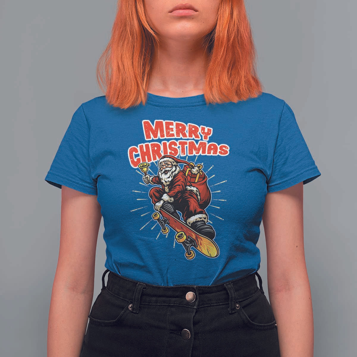 Santa Skateboarding Christmas T Shirt For Women Funny Skater Xmas - Wonder Print Shop