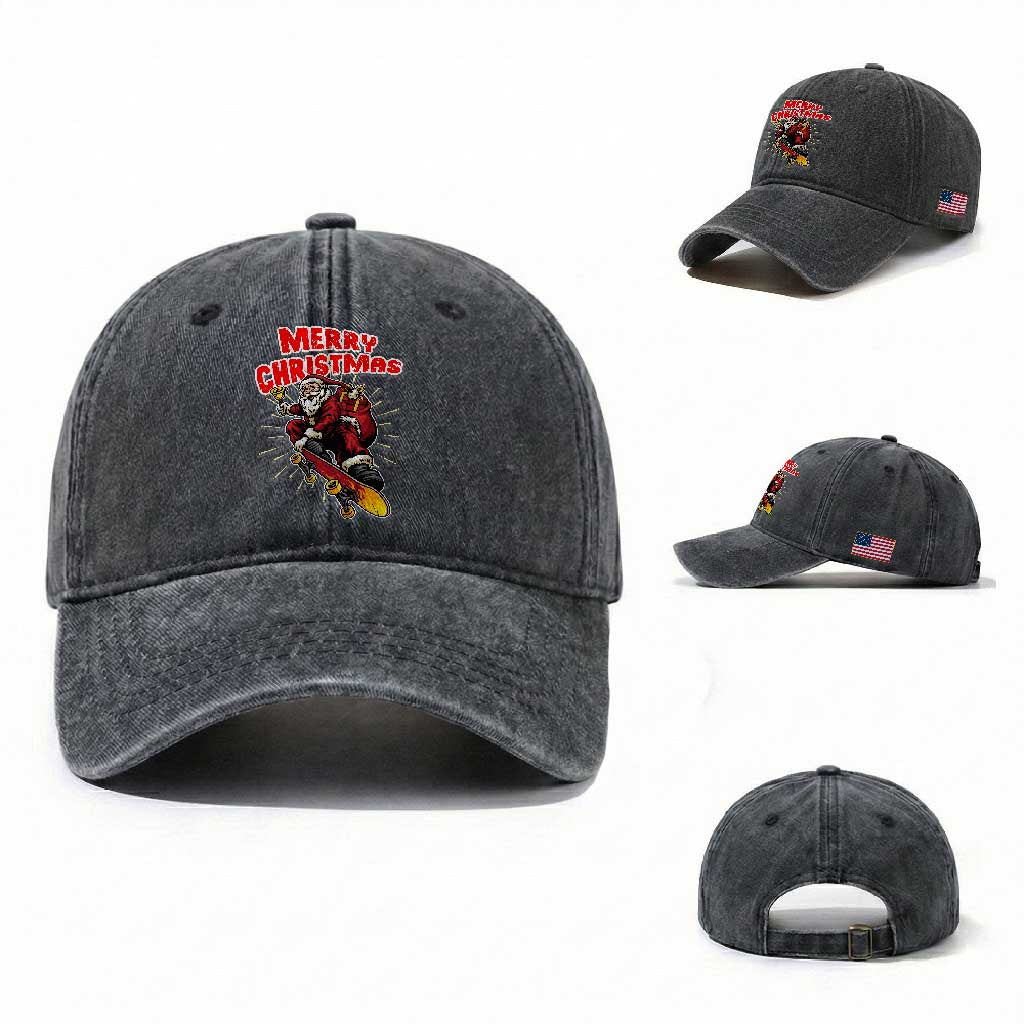 Santa Skateboarding Christmas Washed Cotton Baseball Cap Funny Skater Xmas