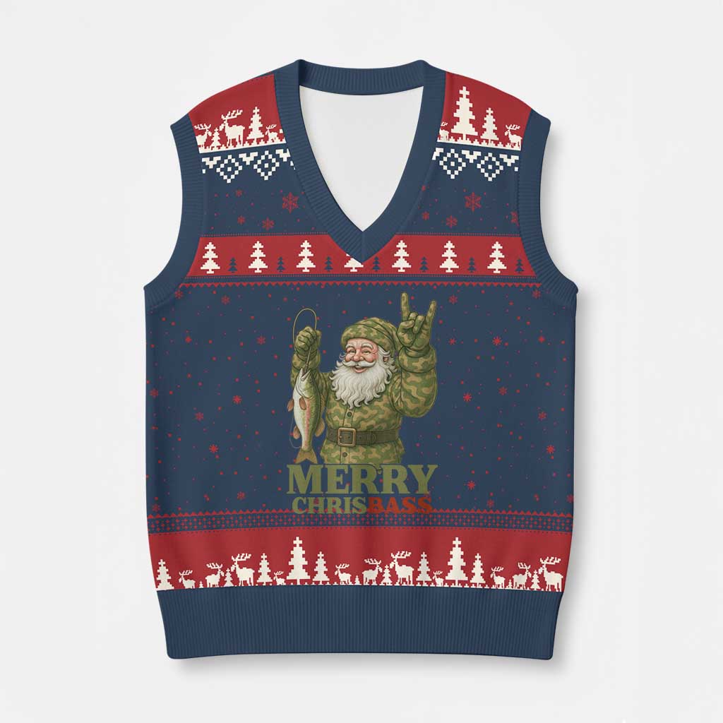 Funny Santa Camo Fishing V-Neck Knit Sweater Vest Merry Chrisbass - Wonder Print Shop