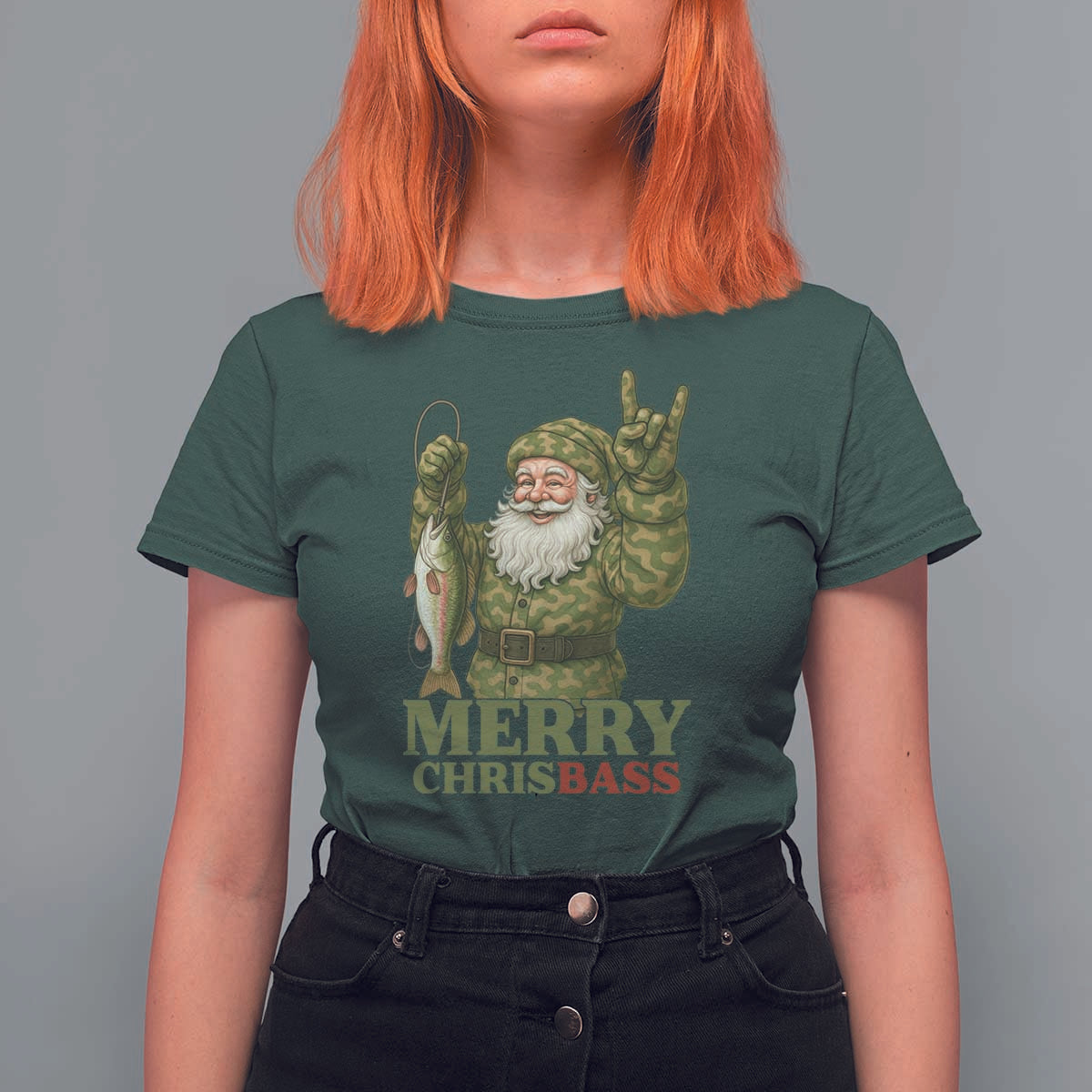 Funny Santa Camo Fishing T Shirt For Women Merry Chrisbass - Wonder Print Shop