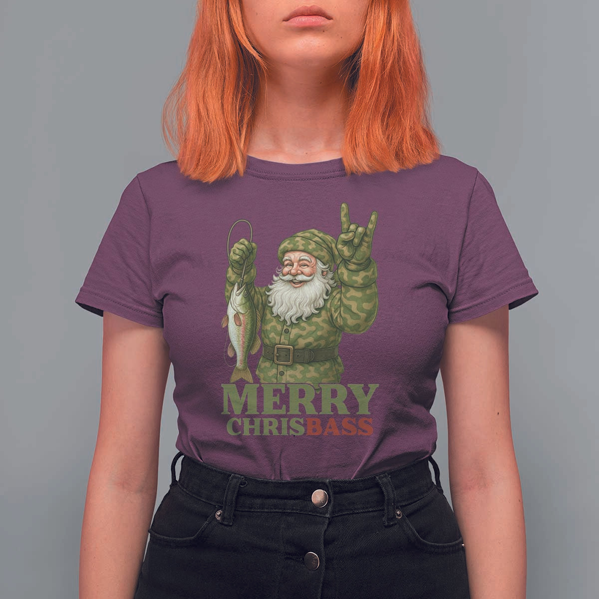 Funny Santa Camo Fishing T Shirt For Women Merry Chrisbass - Wonder Print Shop