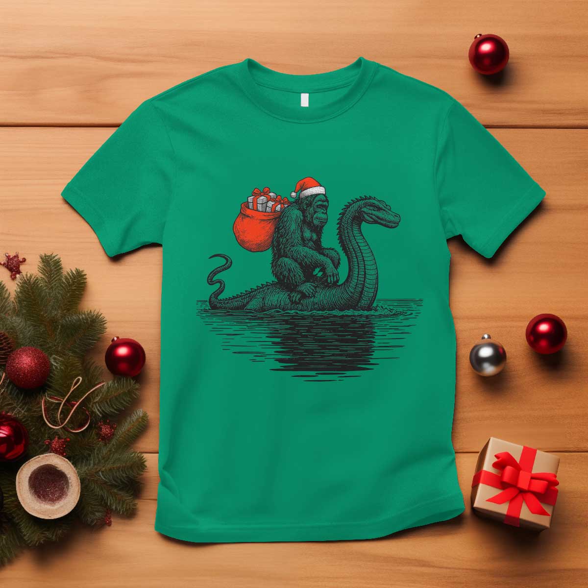 Funny Bigfoot Christmas T Shirt Sasquatch Loch Ness Cryptid Xmas - Wonder Print Shop