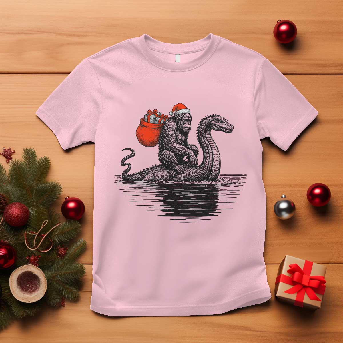 Funny Bigfoot Christmas T Shirt Sasquatch Loch Ness Cryptid Xmas - Wonder Print Shop