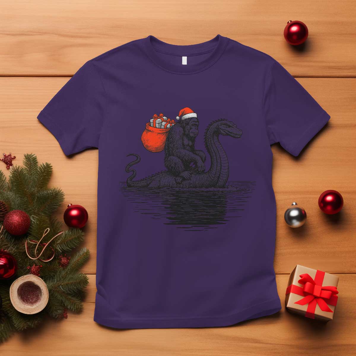 Funny Bigfoot Christmas T Shirt Sasquatch Loch Ness Cryptid Xmas - Wonder Print Shop