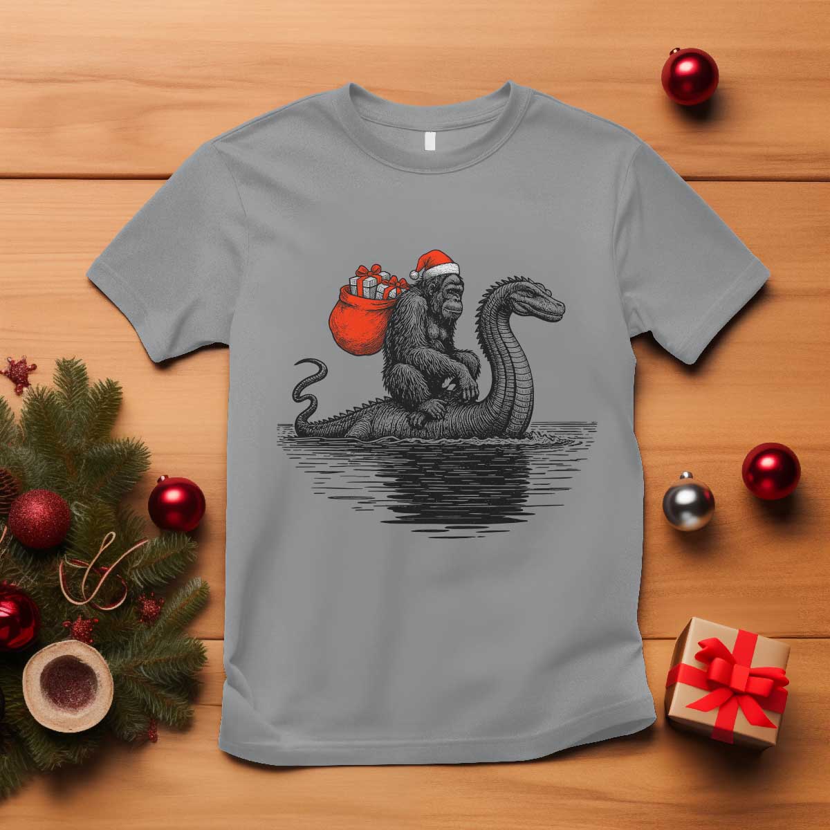 Funny Bigfoot Christmas T Shirt Sasquatch Loch Ness Cryptid Xmas - Wonder Print Shop
