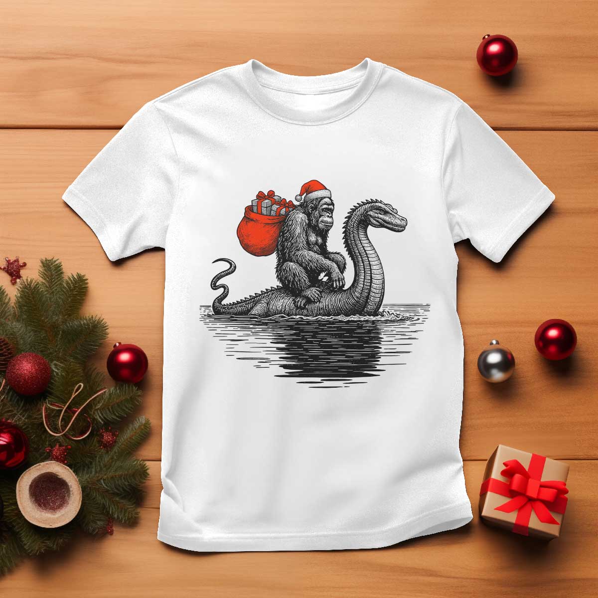 Funny Bigfoot Christmas T Shirt Sasquatch Loch Ness Cryptid Xmas - Wonder Print Shop