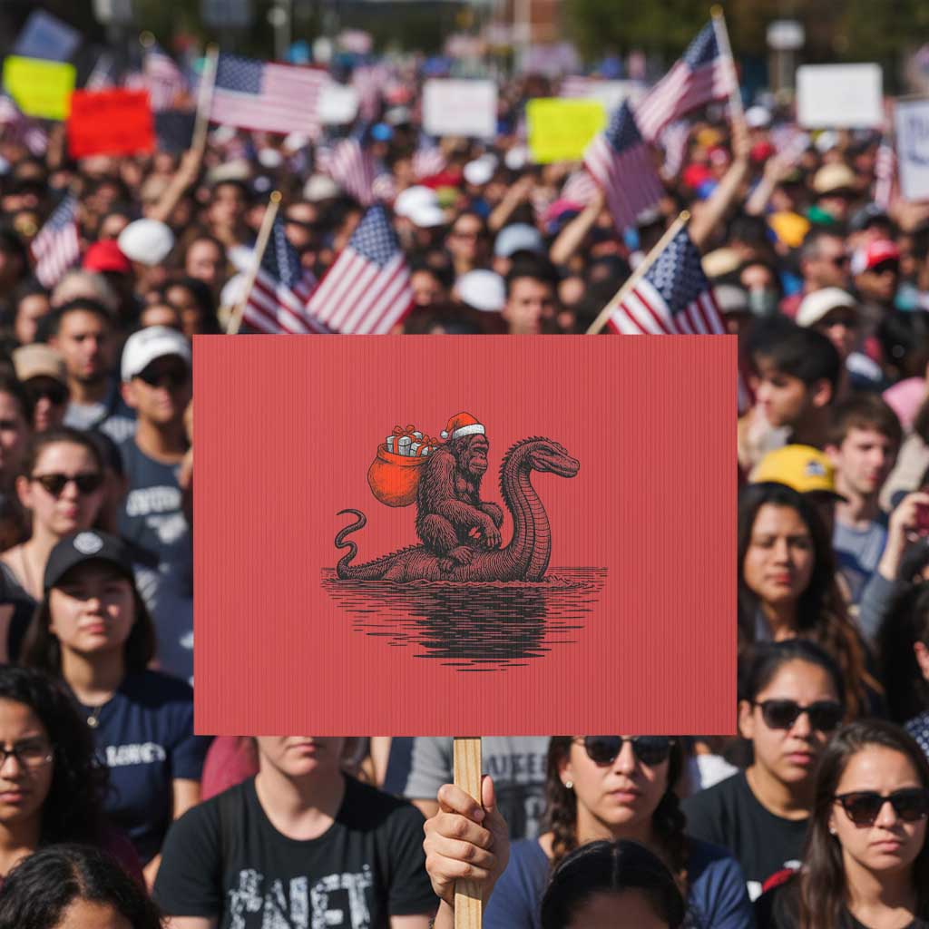 Funny Bigfoot Christmas Protest Sign Sasquatch Loch Ness Cryptid Xmas - Wonder Print Shop