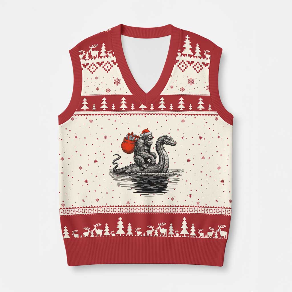 Funny Bigfoot Xmas V-Neck Knit Sweater Vest Sasquatch Loch Ness Cryptid Xmas - Wonder Print Shop