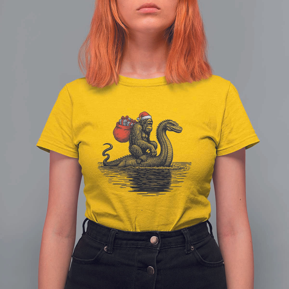 Funny Bigfoot Christmas T Shirt For Women Sasquatch Loch Ness Cryptid Xmas - Wonder Print Shop