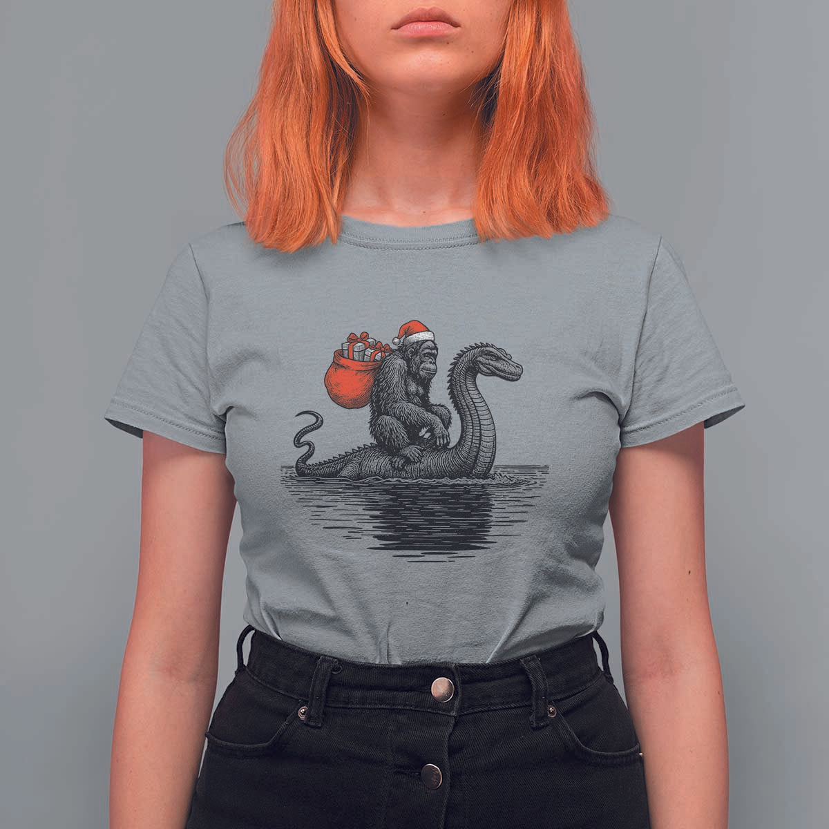 Funny Bigfoot Christmas T Shirt For Women Sasquatch Loch Ness Cryptid Xmas - Wonder Print Shop