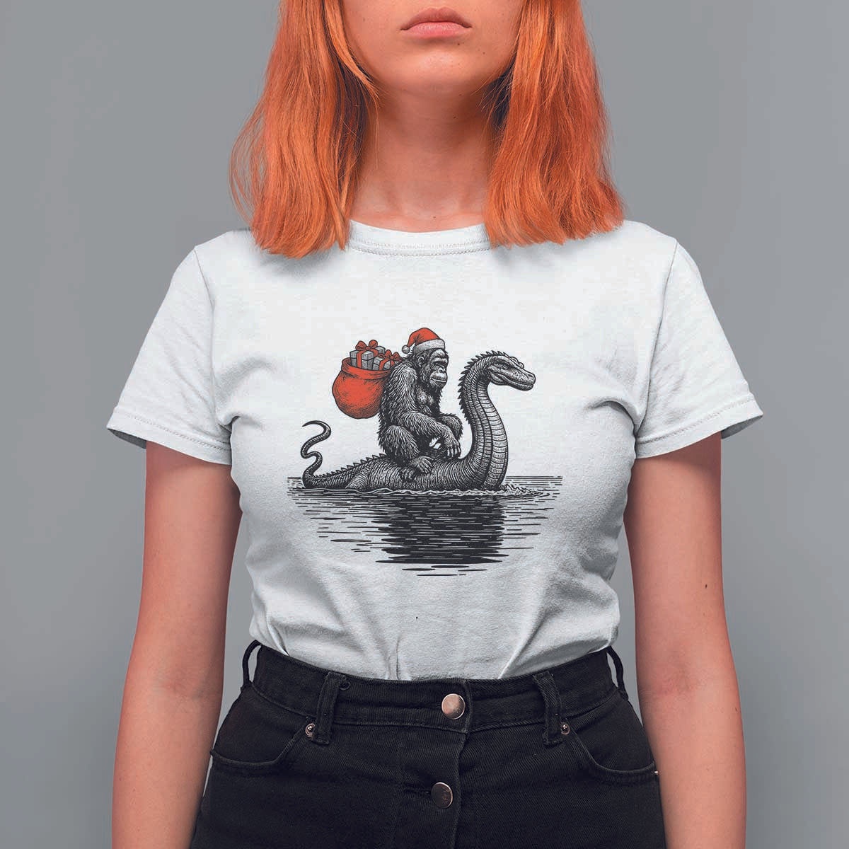 Funny Bigfoot Christmas T Shirt For Women Sasquatch Loch Ness Cryptid Xmas - Wonder Print Shop
