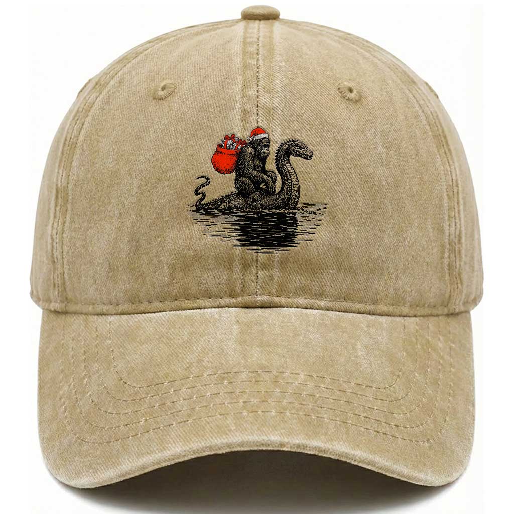 Funny Bigfoot Christmas Washed Cotton Baseball Cap Sasquatch Loch Ness Cryptid Xmas