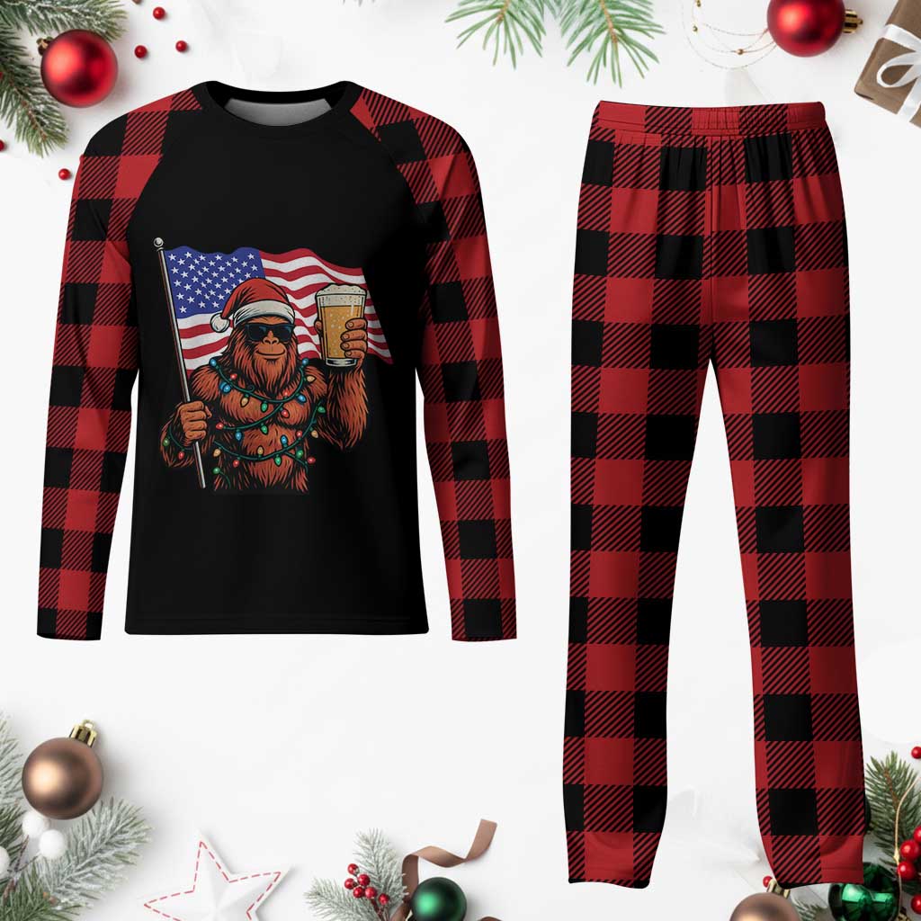 Bigfoot Beer Christmas Plaid Pajama Set Sasquatch American Flag Patriotic - Wonder Print Shop