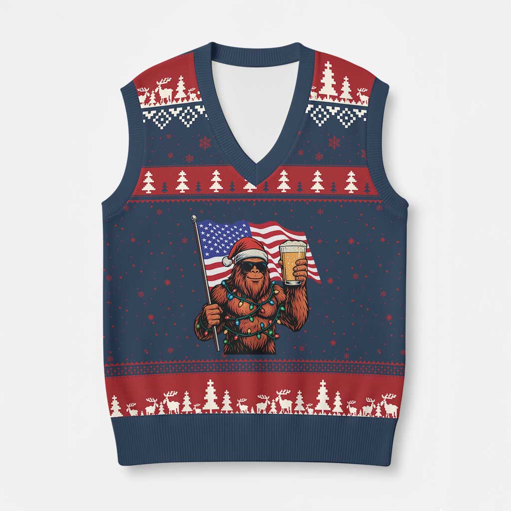 Bigfoot Beer Xmas V-Neck Knit Sweater Vest Sasquatch American Flag Patriotic - Wonder Print Shop