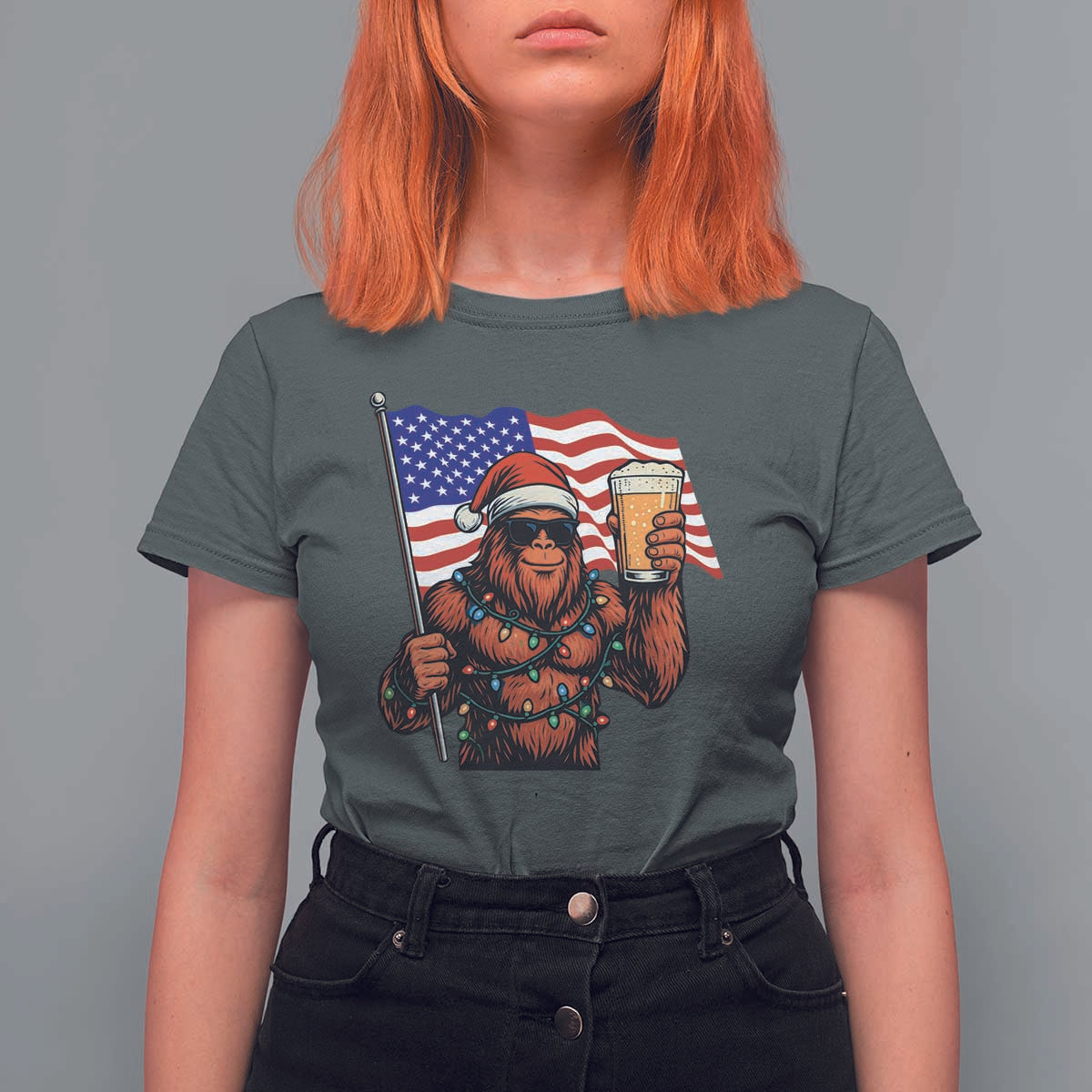 Bigfoot Beer Christmas T Shirt For Women Sasquatch American Flag Patriotic - Wonder Print Shop