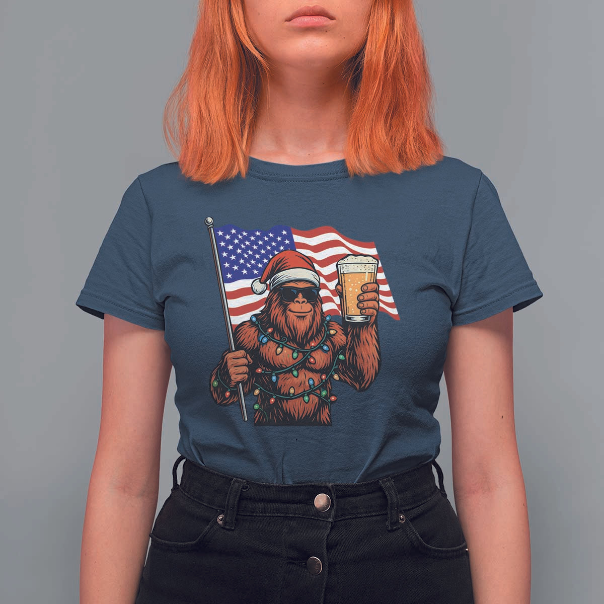 Bigfoot Beer Christmas T Shirt For Women Sasquatch American Flag Patriotic - Wonder Print Shop