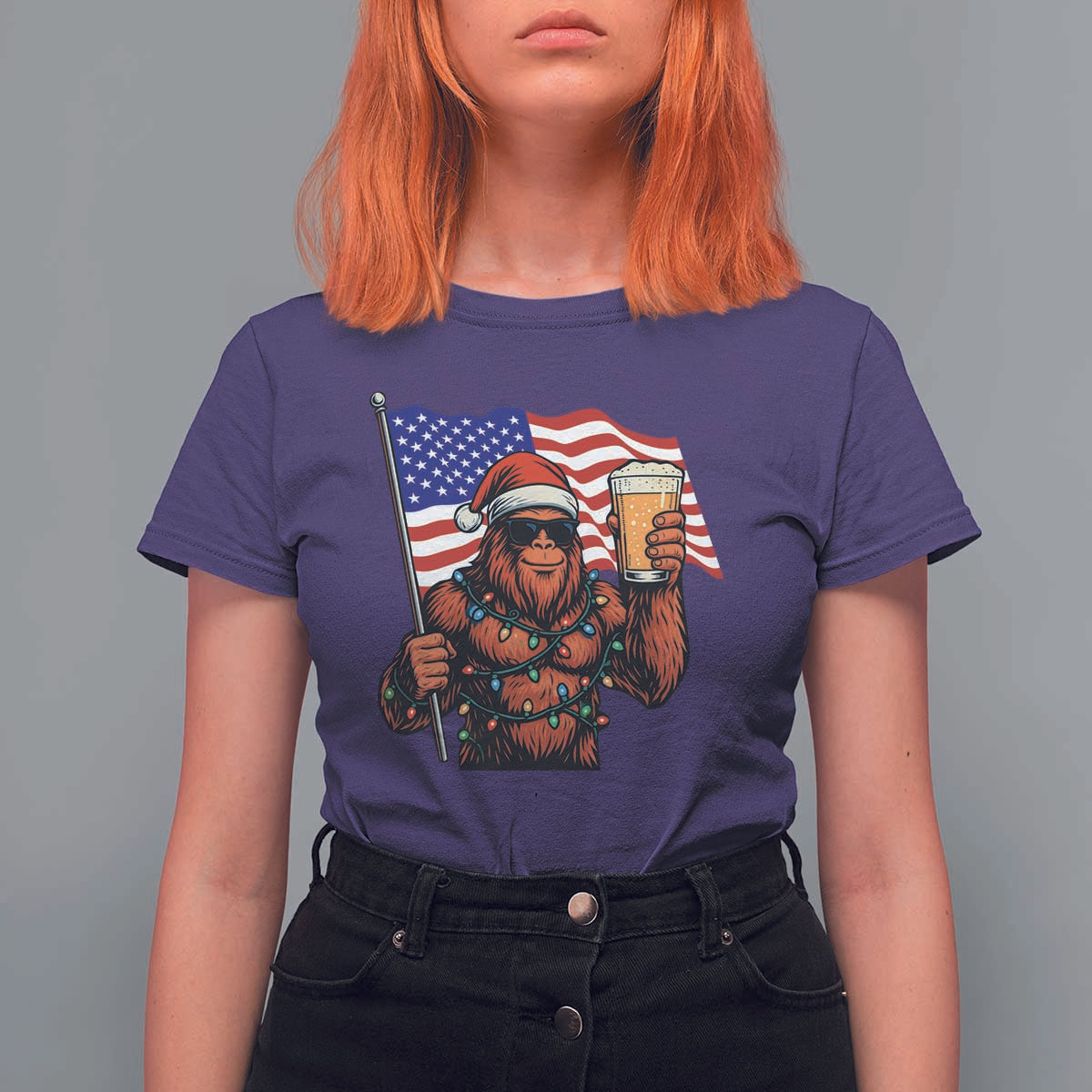 Bigfoot Beer Christmas T Shirt For Women Sasquatch American Flag Patriotic - Wonder Print Shop