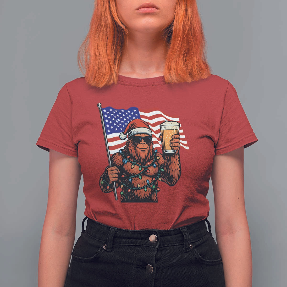 Bigfoot Beer Christmas T Shirt For Women Sasquatch American Flag Patriotic - Wonder Print Shop
