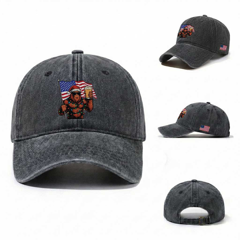Bigfoot Beer Christmas Washed Cotton Baseball Cap Sasquatch American Flag Patriotic