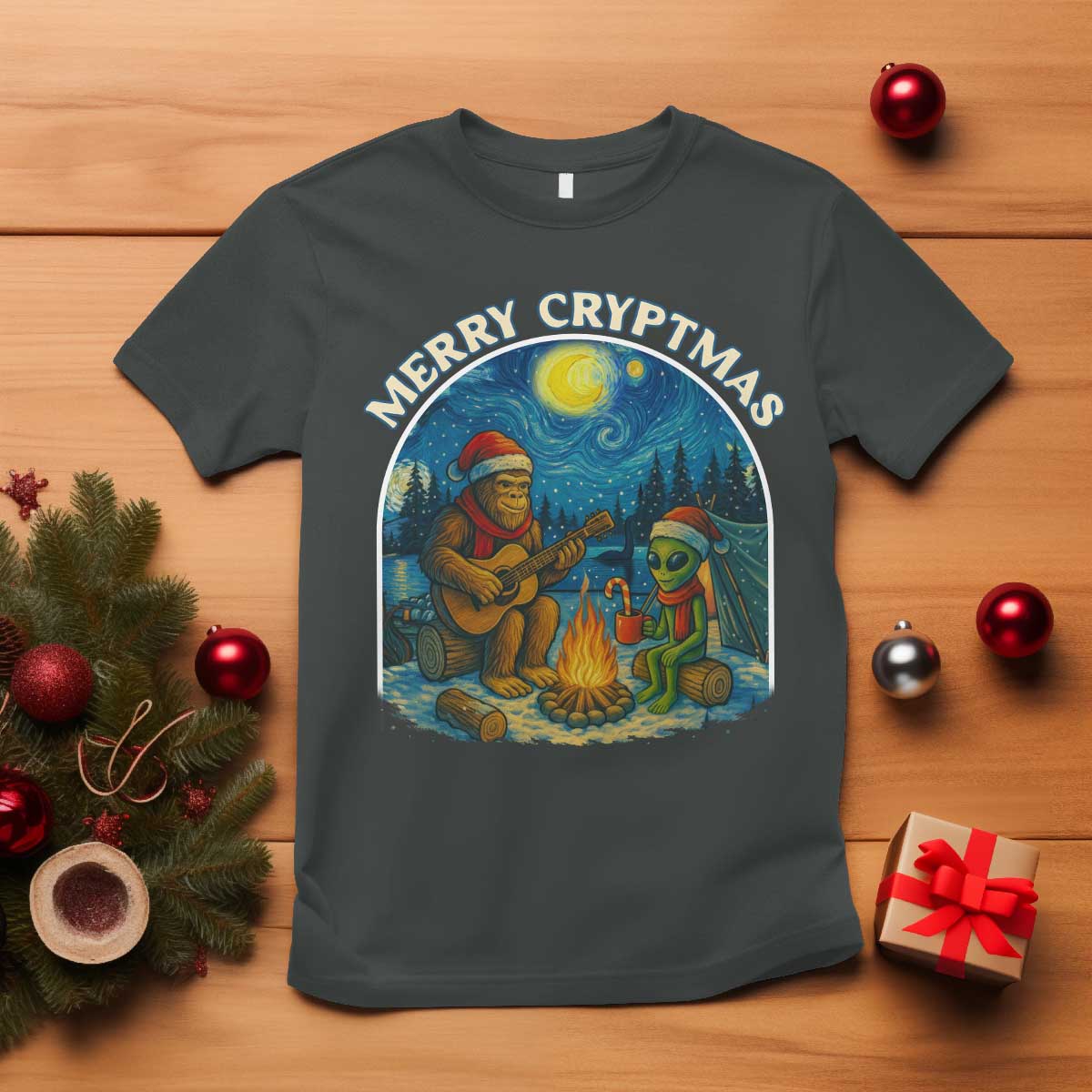 Funny Bigfoot Christmas T Shirt Sasquatch Alien Merry Cryptmas - Wonder Print Shop