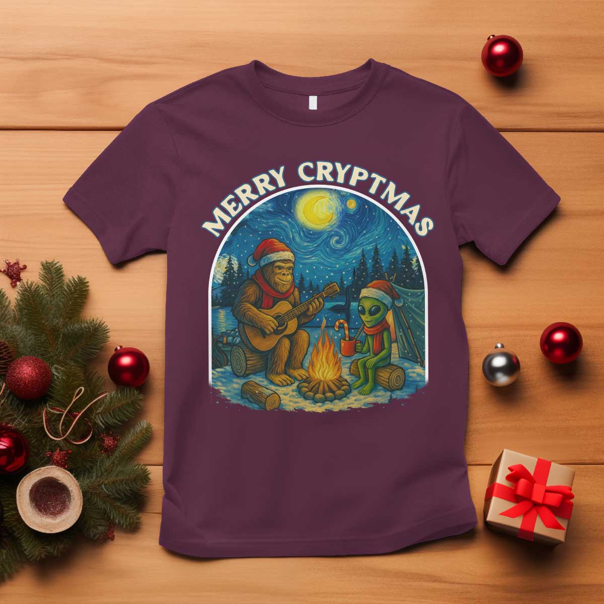 Funny Bigfoot Christmas T Shirt Sasquatch Alien Merry Cryptmas - Wonder Print Shop