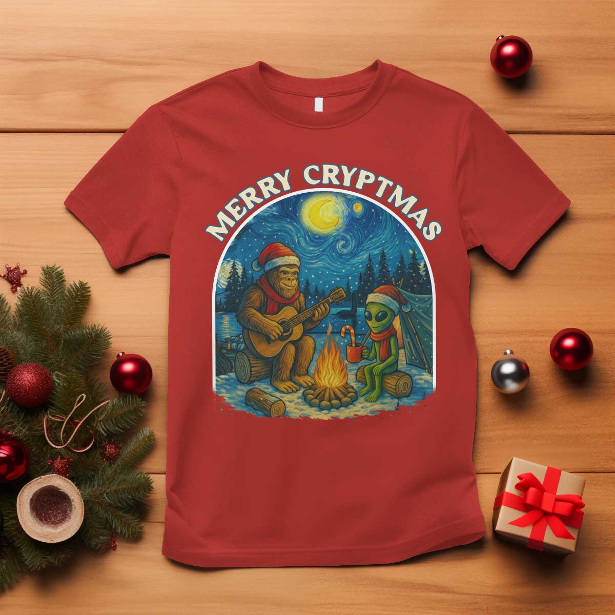 Funny Bigfoot Christmas T Shirt Sasquatch Alien Merry Cryptmas - Wonder Print Shop