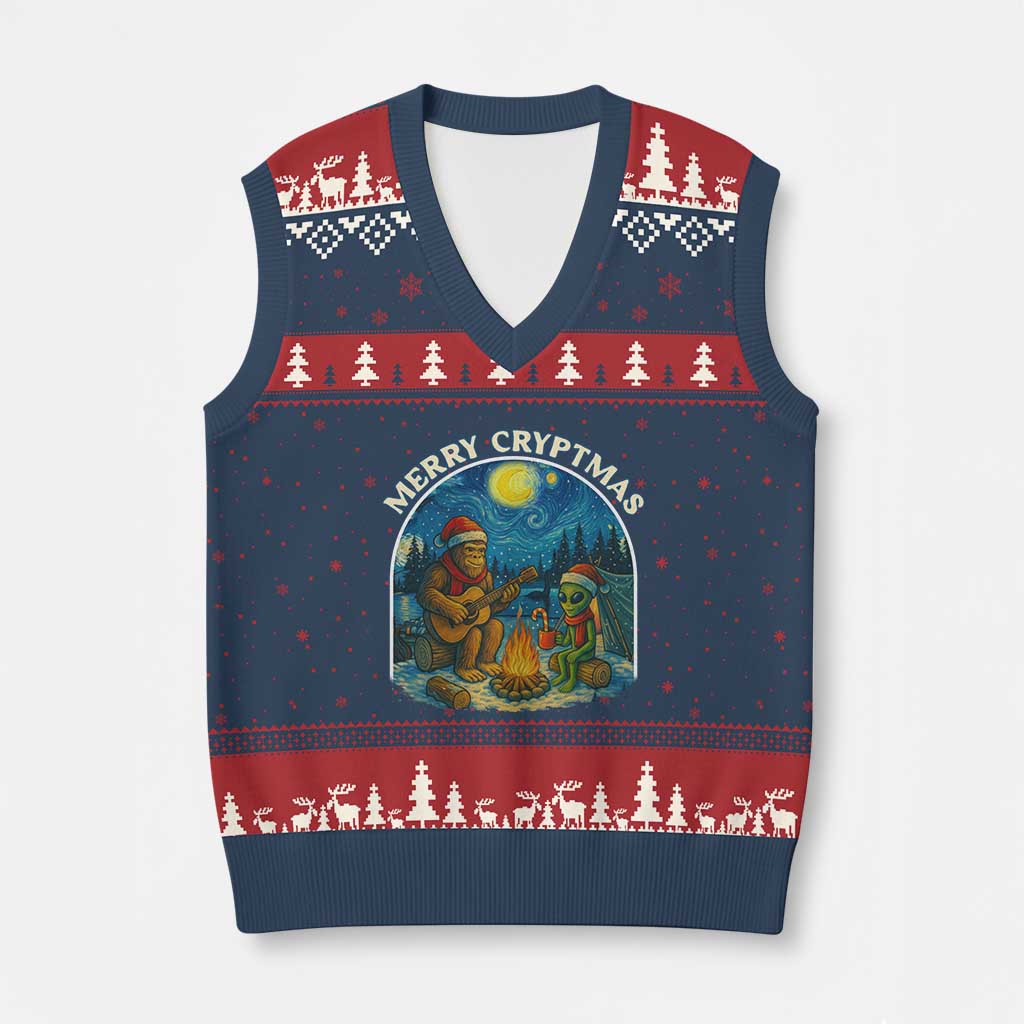 Funny Bigfoot Xmas V-Neck Knit Sweater Vest Sasquatch Alien Merry Cryptmas - Wonder Print Shop