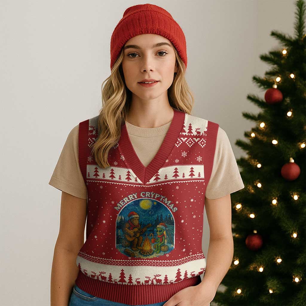 Funny Bigfoot Xmas V-Neck Knit Sweater Vest Sasquatch Alien Merry Cryptmas - Wonder Print Shop