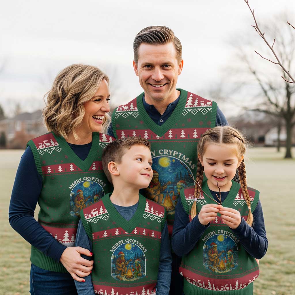 Funny Bigfoot Xmas V-Neck Knit Sweater Vest Sasquatch Alien Merry Cryptmas - Wonder Print Shop