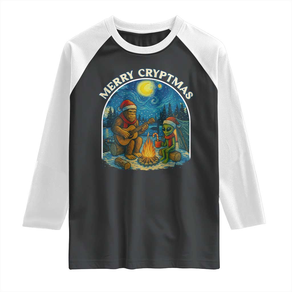 Funny Bigfoot Christmas Raglan Shirt Sasquatch Alien Merry Cryptmas - Wonder Print Shop