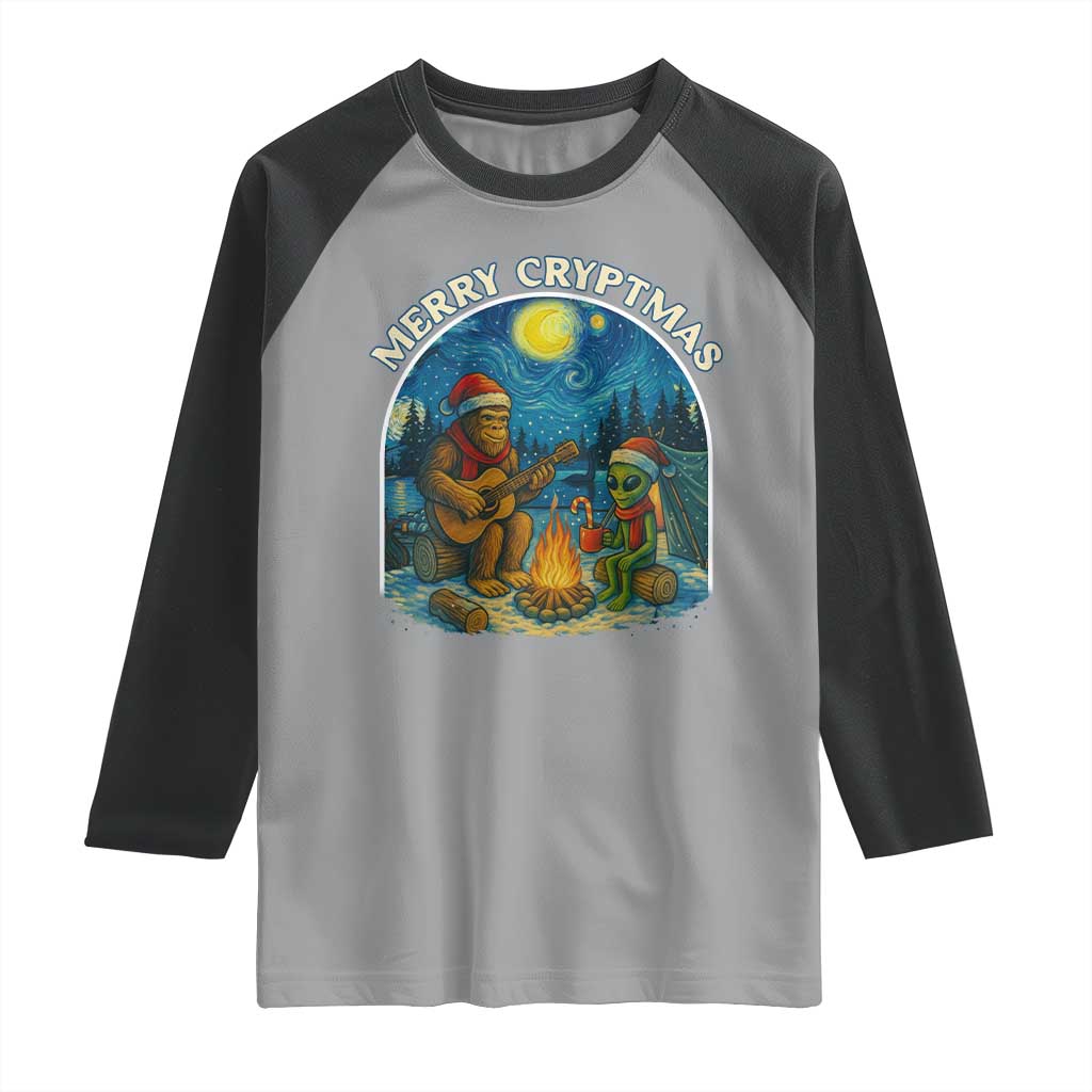 Funny Bigfoot Christmas Raglan Shirt Sasquatch Alien Merry Cryptmas - Wonder Print Shop