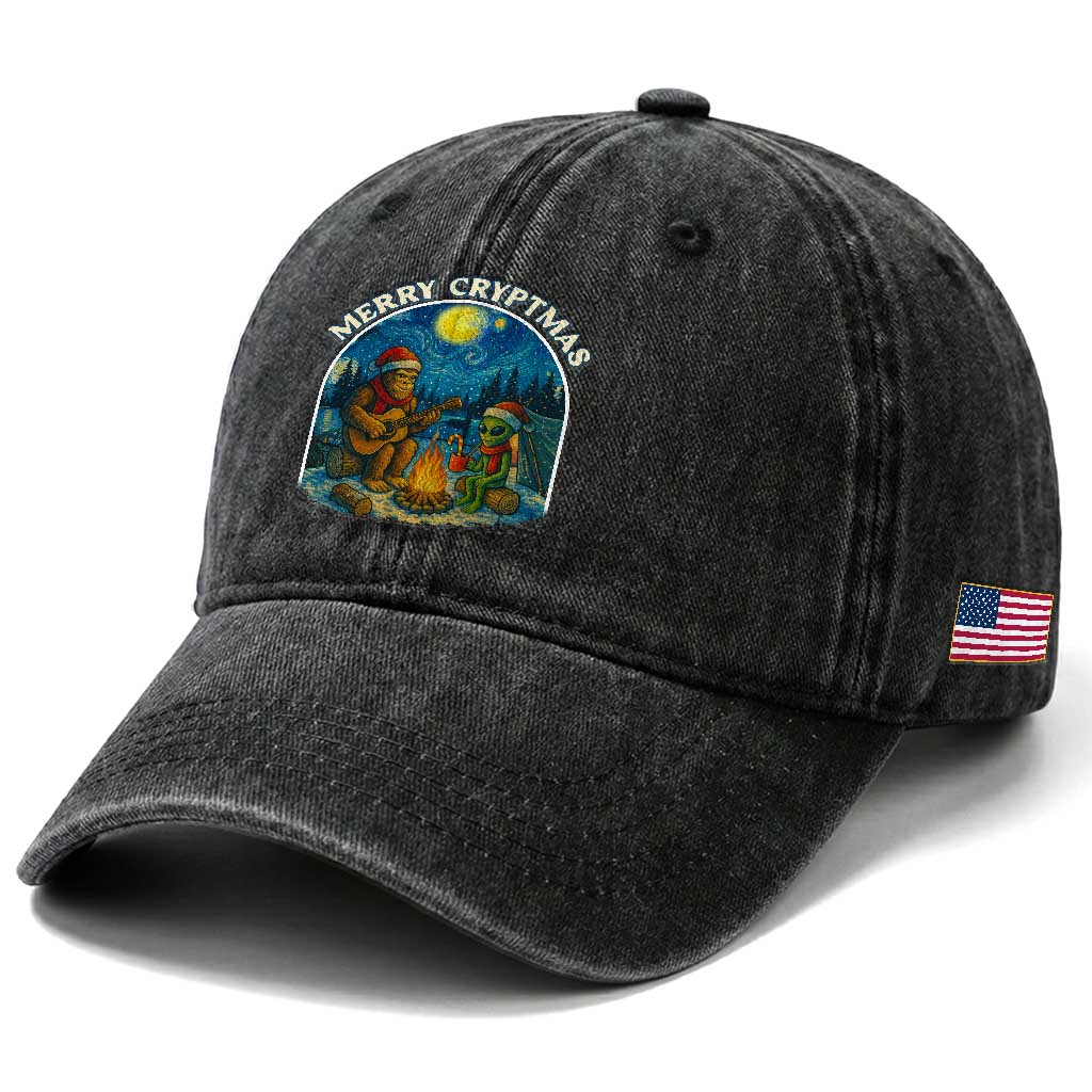 Funny Bigfoot Christmas Washed Cotton Baseball Cap Sasquatch Alien Merry Cryptmas
