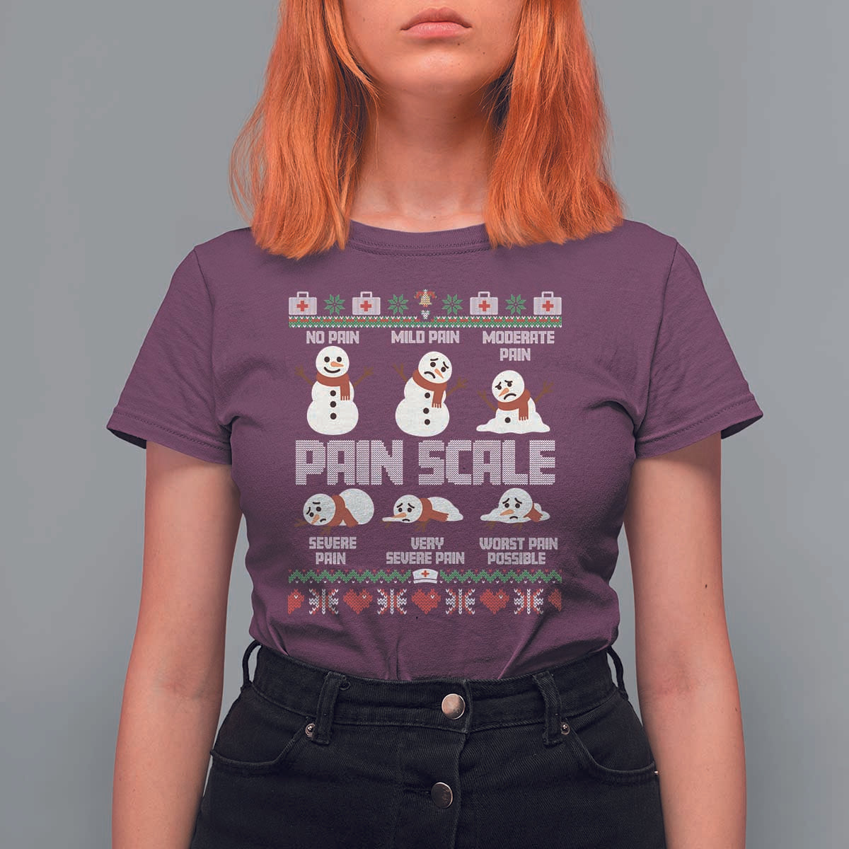 Pain Scale Snowman T Shirt For Women Funny ICU Nurse Christmas - Wonder Print Shop