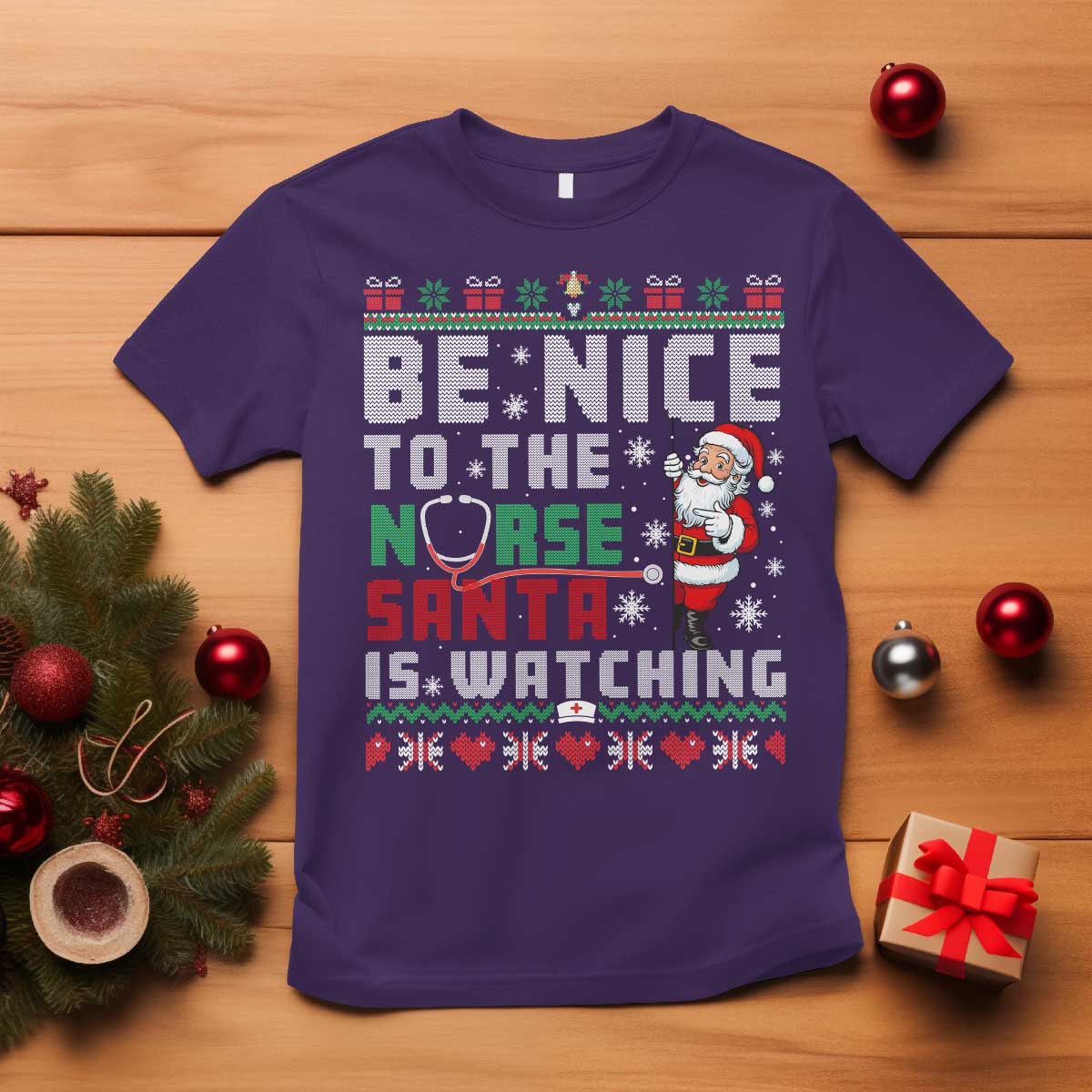 Funny Nurse Christmas T Shirt Be Nice To The Nurse Santa Is Watching - Wonder Print Shop