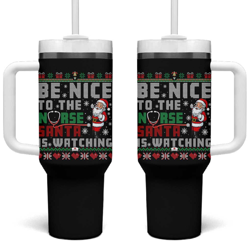 Funny Nurse Christmas Tumbler With Handle Be Nice To The Nurse Santa Is Watching - Wonder Print Shop