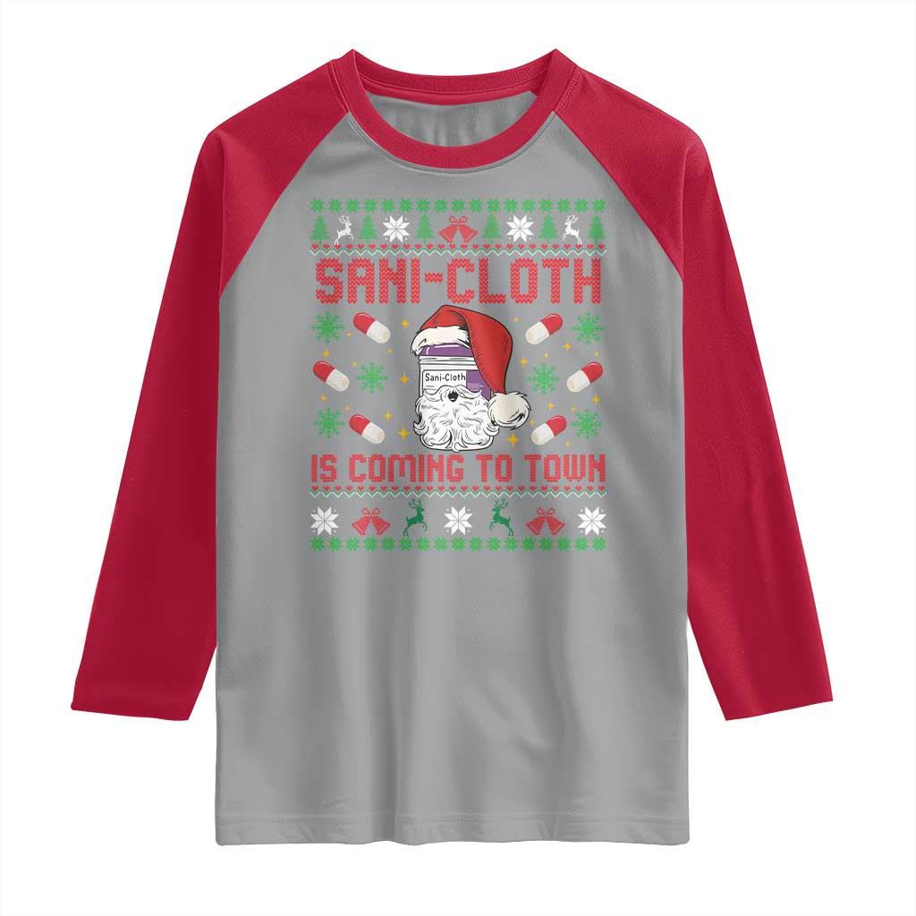Sani-cloth Is Coming To Town Raglan Shirt Funny Nurse Christmas - Wonder Print Shop