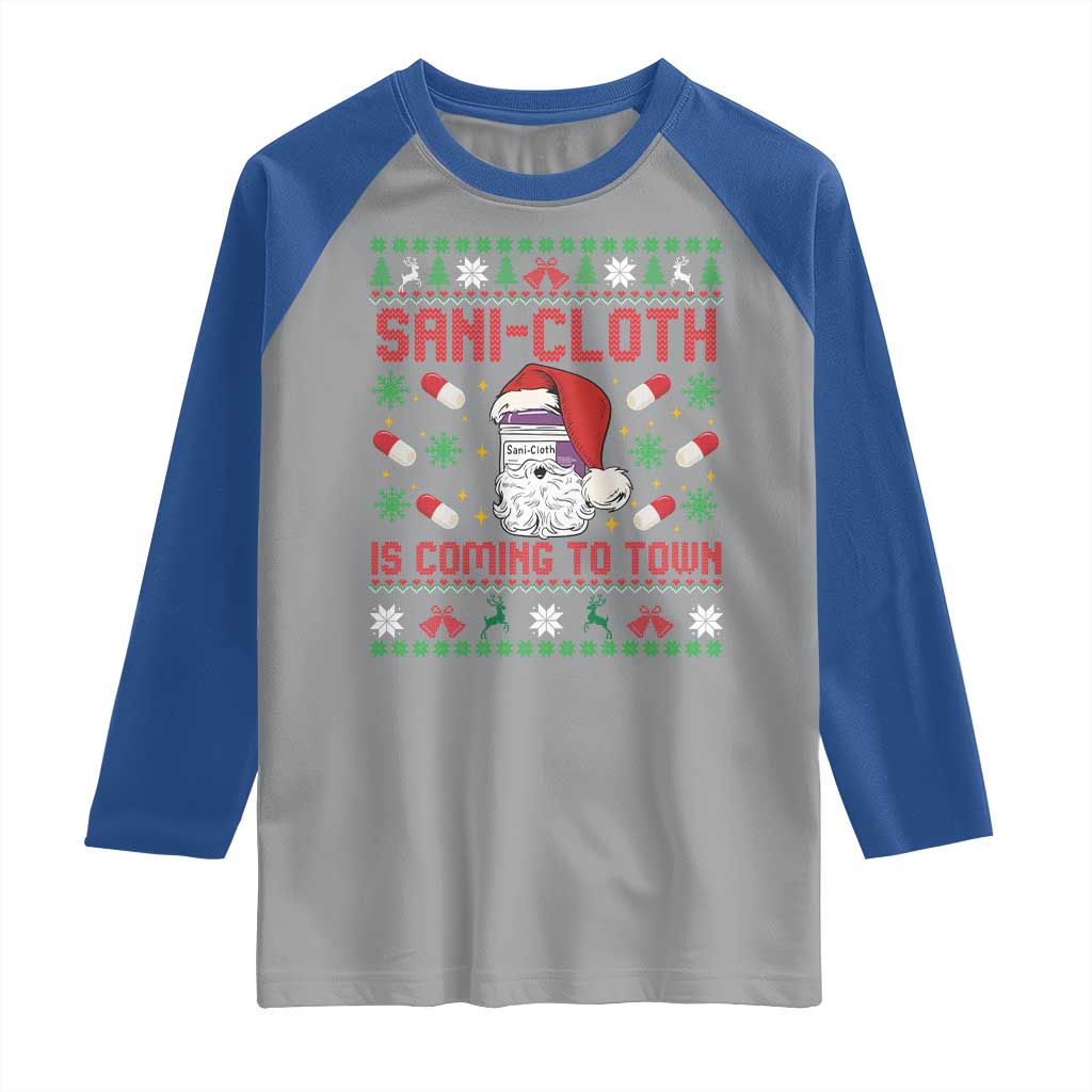 Sani-cloth Is Coming To Town Raglan Shirt Funny Nurse Christmas - Wonder Print Shop