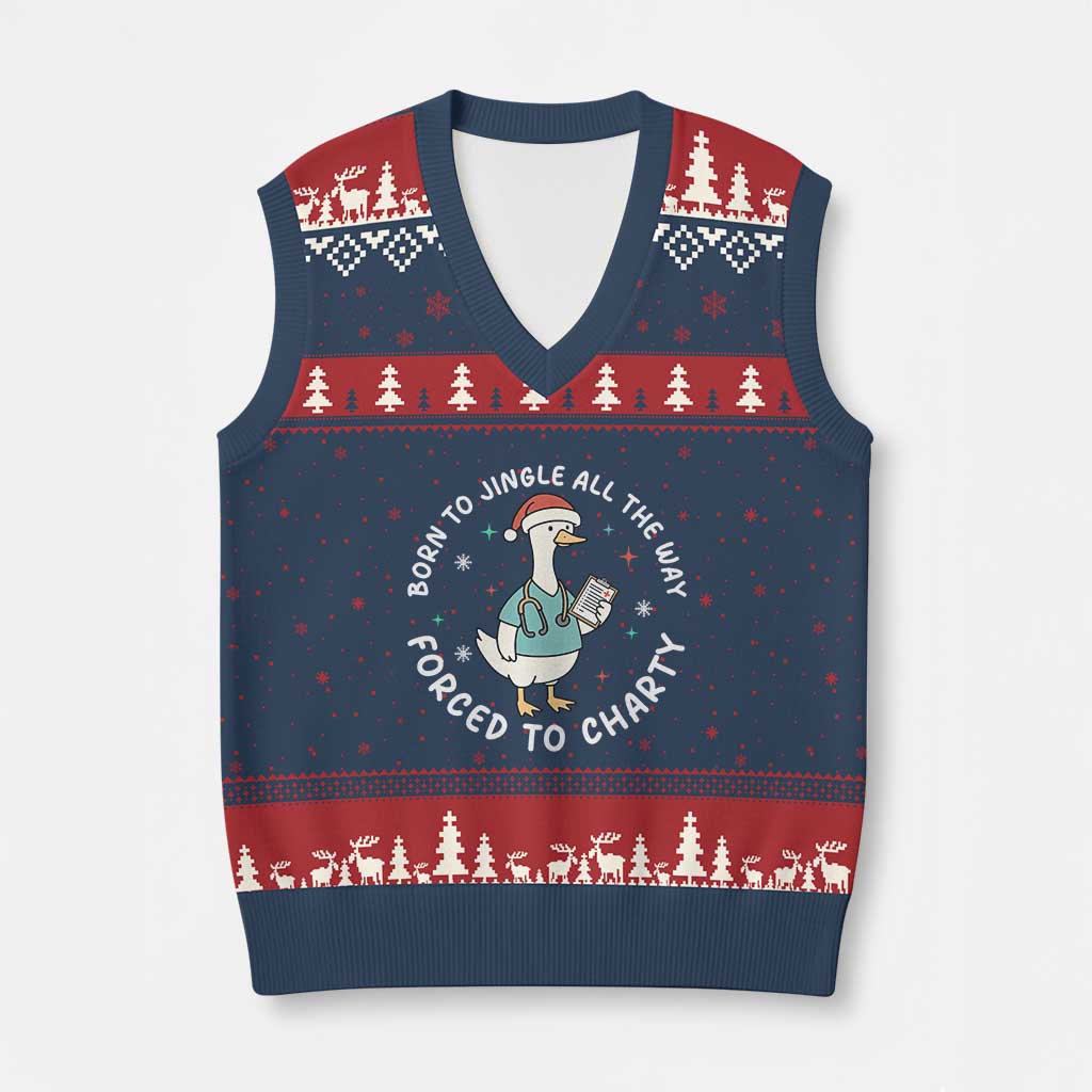 Christmas Goose Nurse V-Neck Knit Sweater Vest Born To Jingle All The Way Forrced To Chart - Wonder Print Shop