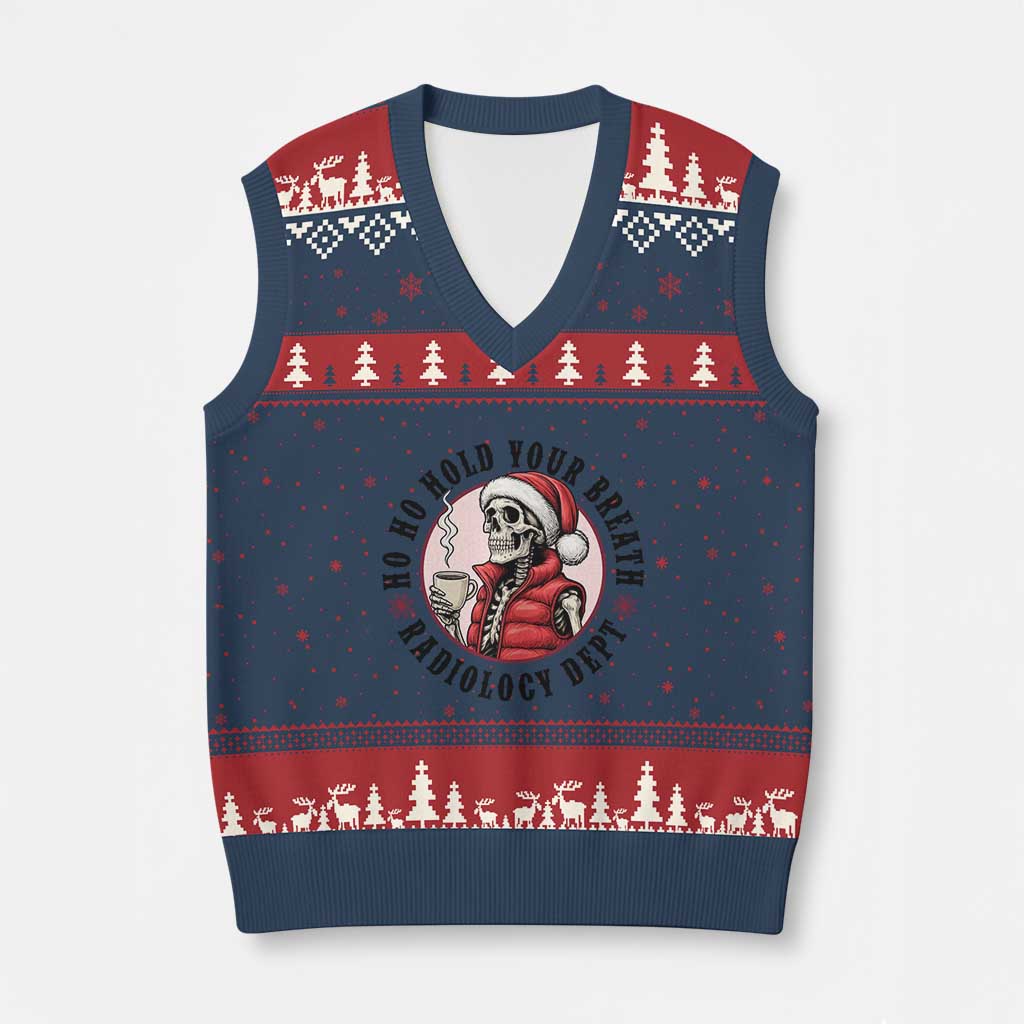 Funny Skeleton Xmas V-Neck Knit Sweater Vest Ho Ho Hold Your Breath Radiolocy Dept - Wonder Print Shop