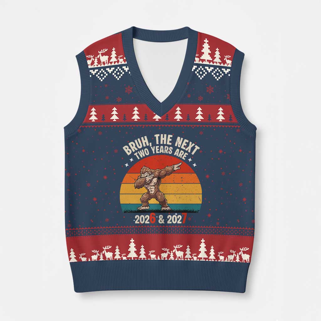 67 New Year V-Neck Knit Sweater Vest Funny Six Seven Bruh Bigfoot Meme - Wonder Print Shop