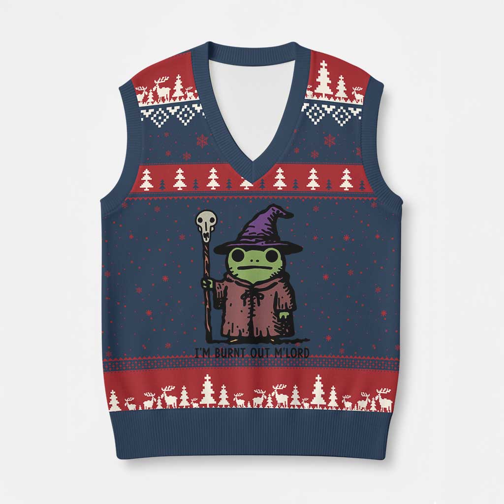 I Am Burnt Out M'lord V-Neck Knit Sweater Vest Funny Wizard Frog Meme - Wonder Print Shop