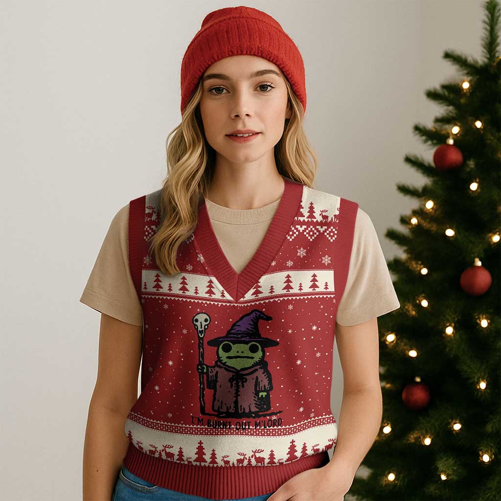 I Am Burnt Out M'lord V-Neck Knit Sweater Vest Funny Wizard Frog Meme - Wonder Print Shop