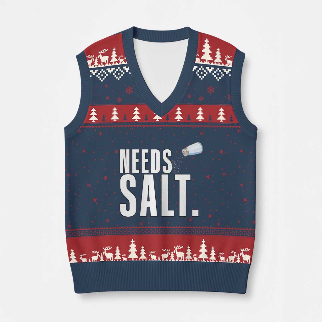 Needs Salt V-Neck Knit Sweater Vest Funny Cooking Baking Foodie - Wonder Print Shop