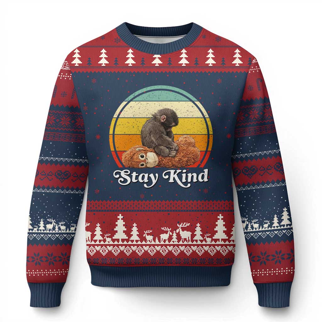 Punch Mokey Ugly Christmas Sweater Viral Trend Baby Monkey Stay Kind