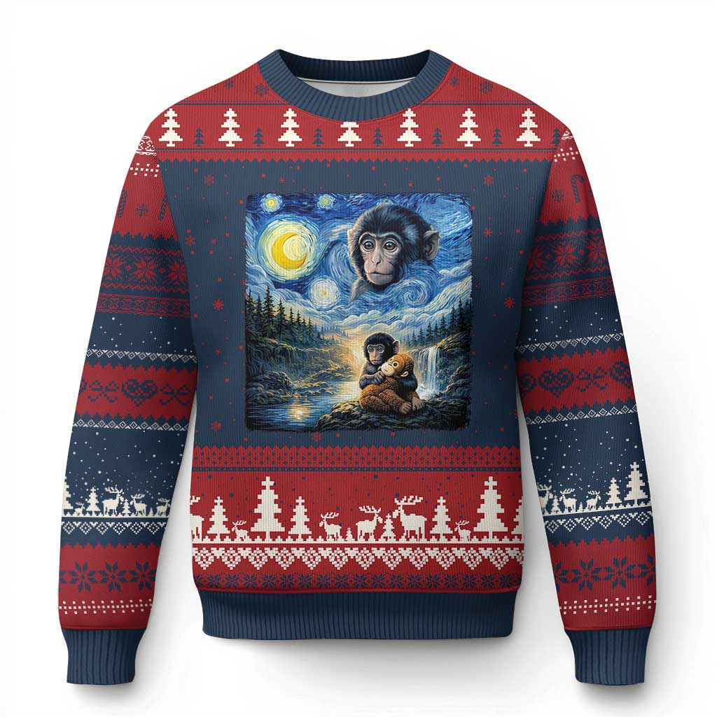 Punch Mokey Ugly Christmas Sweater Viral Baby Monkey Starry Night Van Gogh