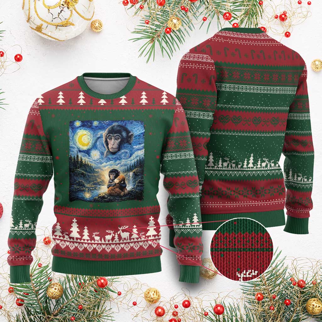 Punch Mokey Ugly Christmas Sweater Viral Baby Monkey Starry Night Van Gogh