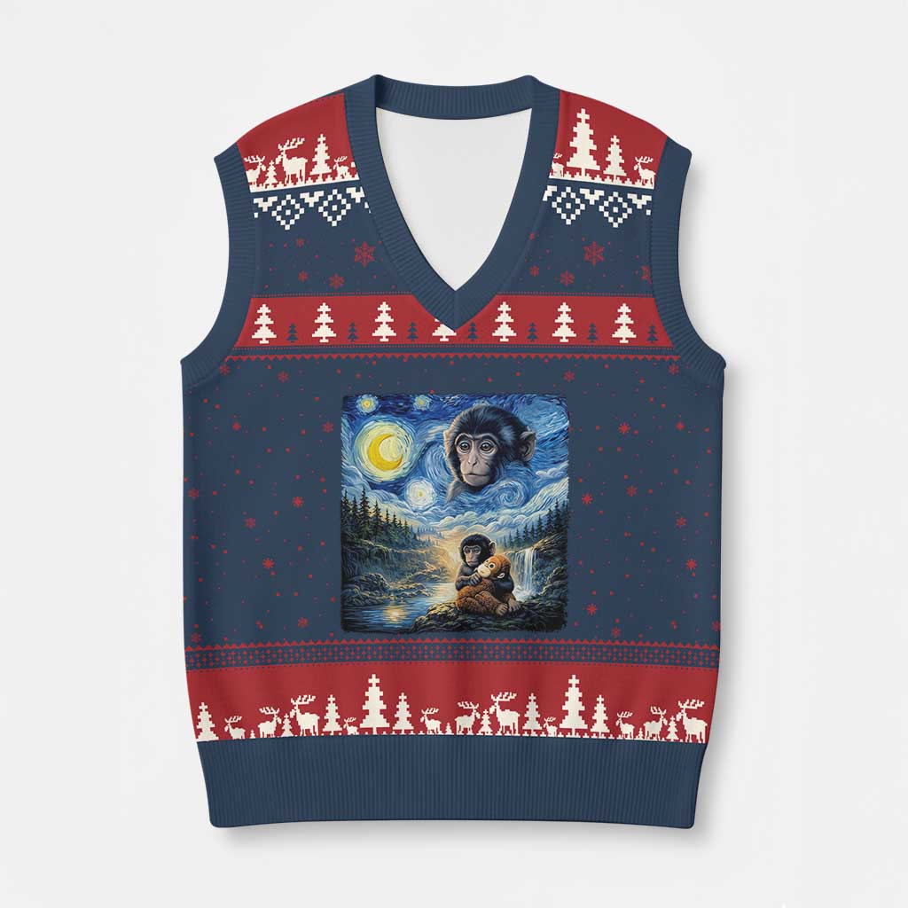 Punch Mokey V-Neck Knit Sweater Vest Viral Baby Monkey Starry Night Van Gogh