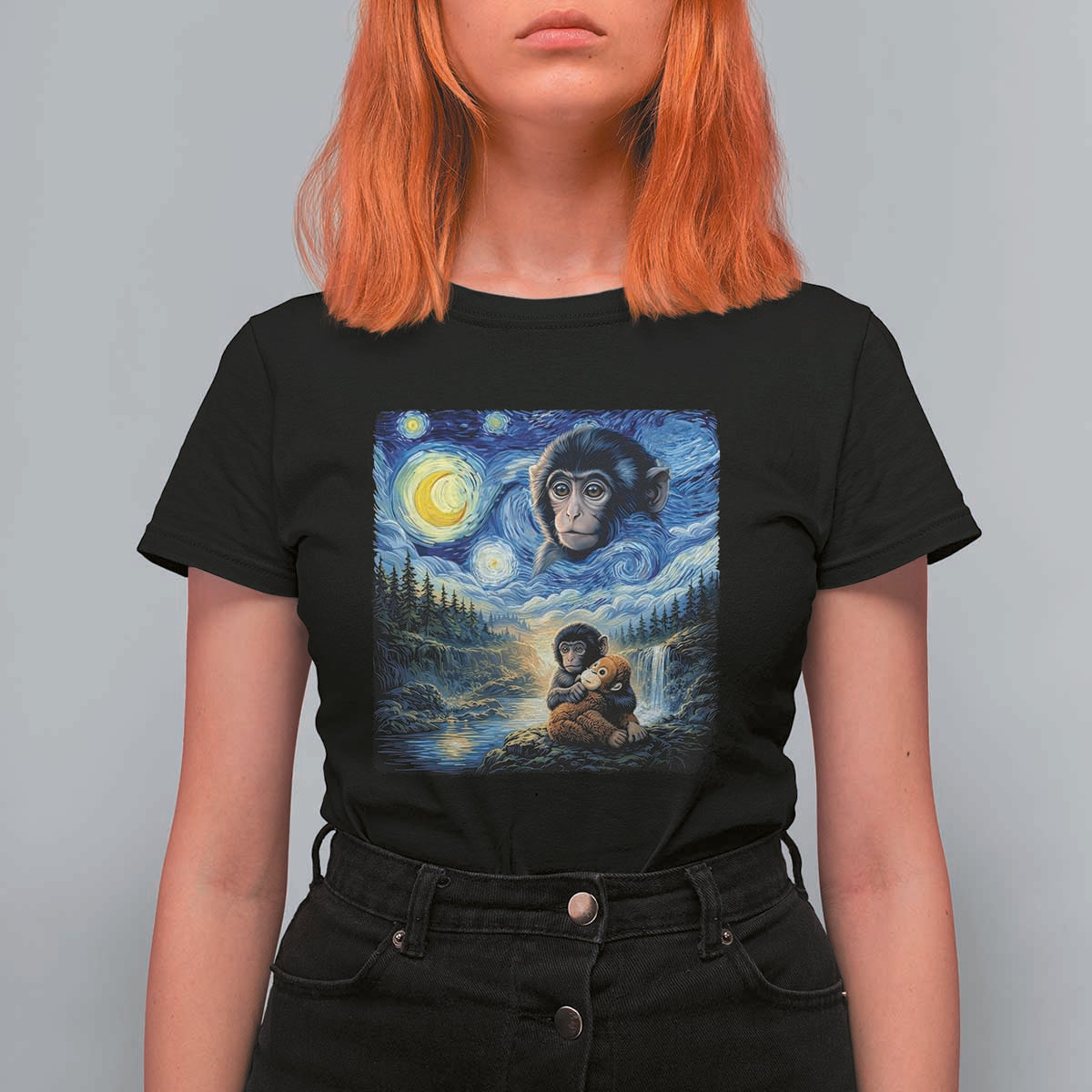 Punch Mokey T Shirt For Women Viral Baby Monkey Starry Night Van Gogh