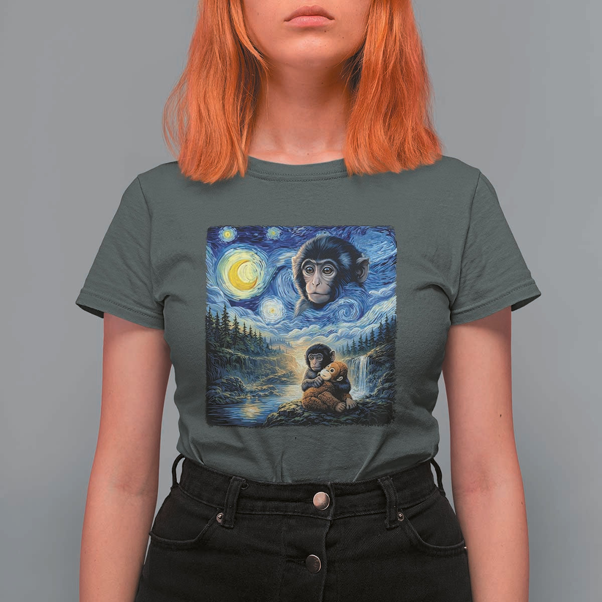 Punch Mokey T Shirt For Women Viral Baby Monkey Starry Night Van Gogh