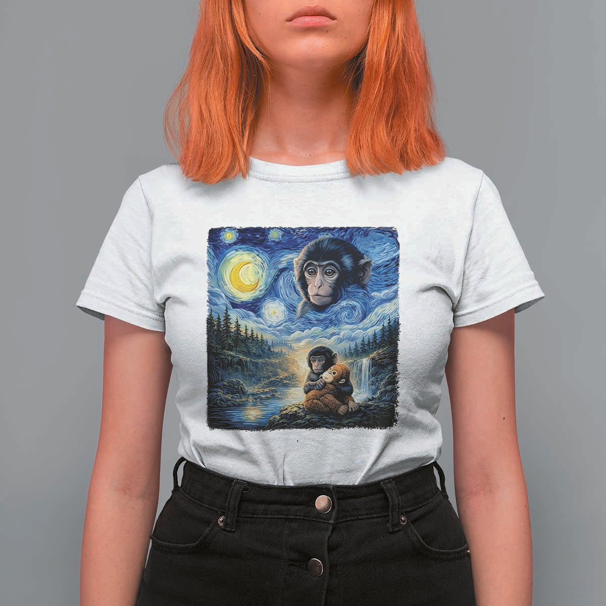 Punch Mokey T Shirt For Women Viral Baby Monkey Starry Night Van Gogh